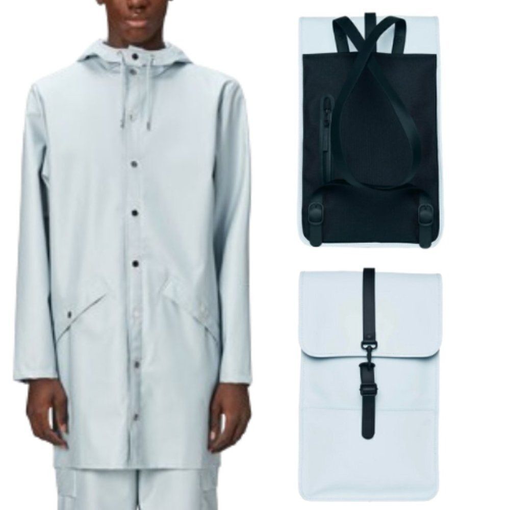 Rains Women's Sky Mini Waterrproof Backpack & Button Down Long Jacket -Set Of 2